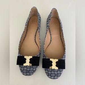 TORY BURCH NAVY GEMINI LINK PRINTED BOW BALLET FLATS Size 9.5